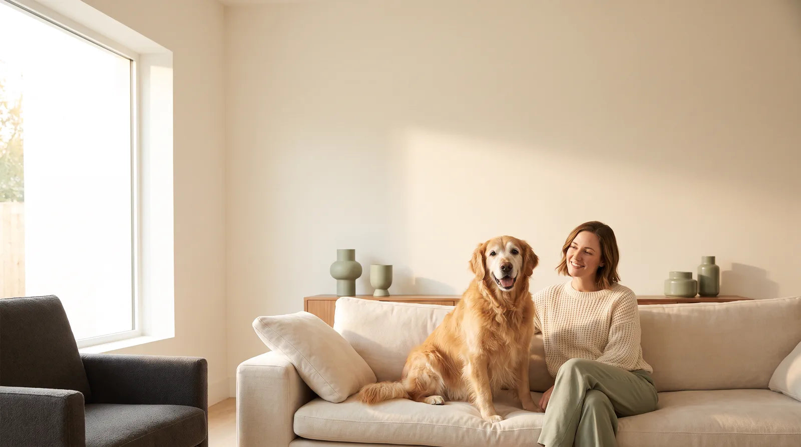 Idős golden retriever a kanapén, gazdája társaságában